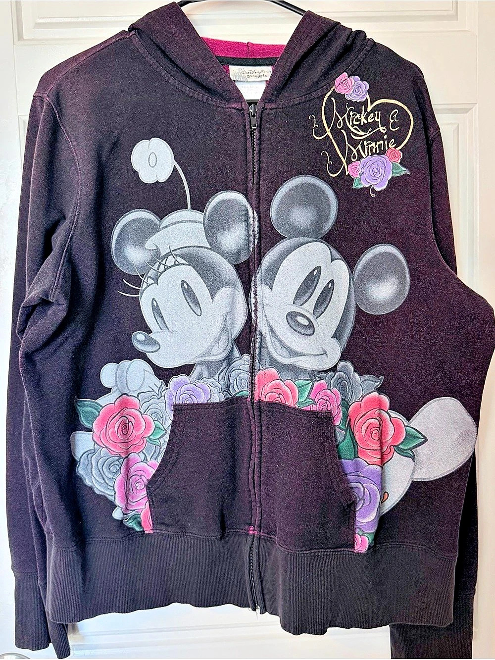 Disney Vintage Mickey & Minnie Hoodie Graphic Zip Black XXL